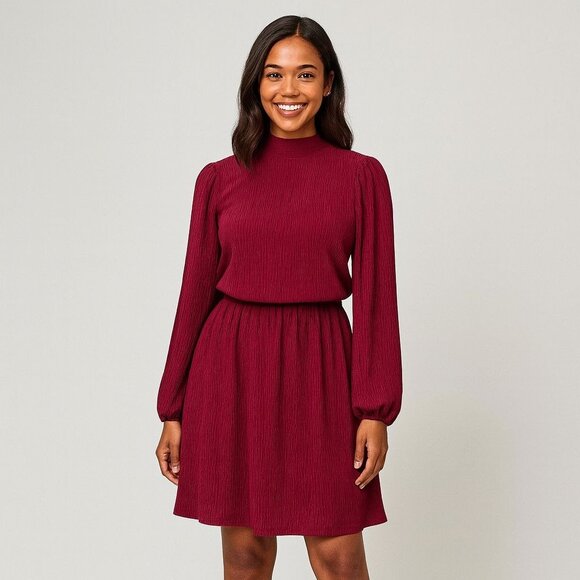 Floret Studios Burgundy Long Sleeve Mini Dress High Neck Bow Back Cottagecore - Picture 3 of 12